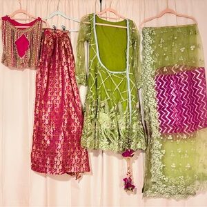 Vibrant Green and Pink Traditional Pakistani 4 piece Lehenga